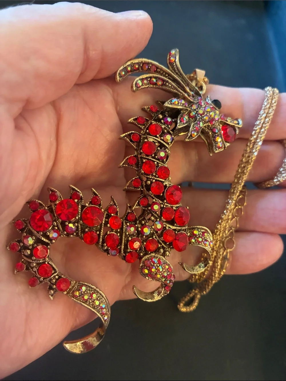 Red Dragon Pendant Necklace - Gold Tone Statement Jewelry